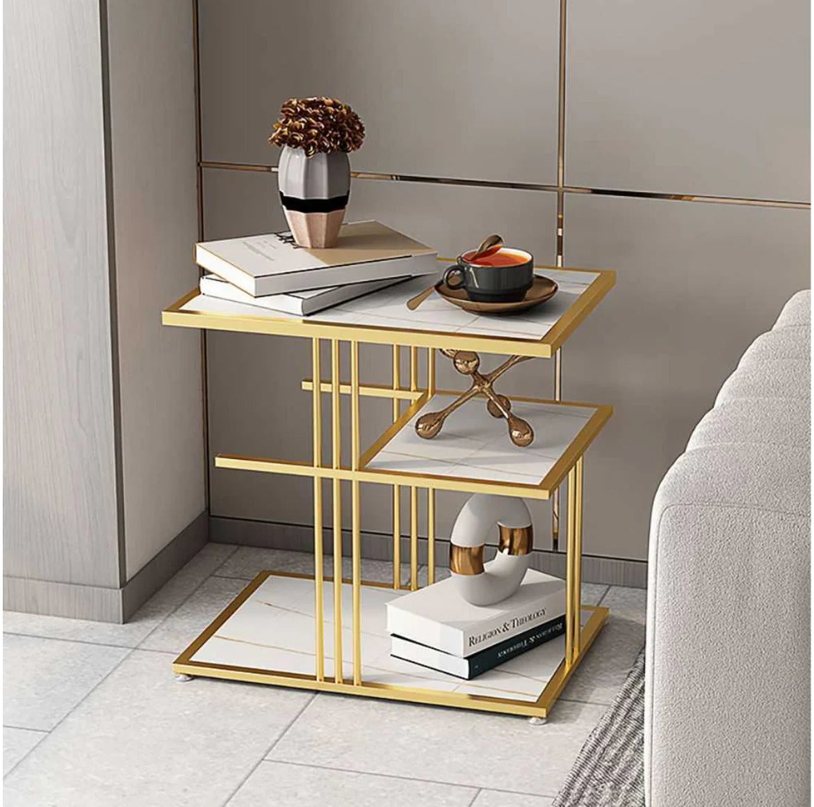 Elegant Golden Finish Side Table Corner Table with 3 Tier White MDF Tops