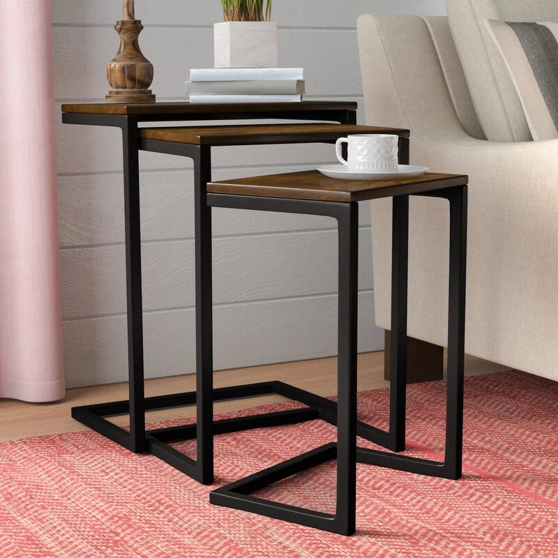 3-Piece Nesting Table Set Brown Rustic Rectangle Iron Wood Metal Finish