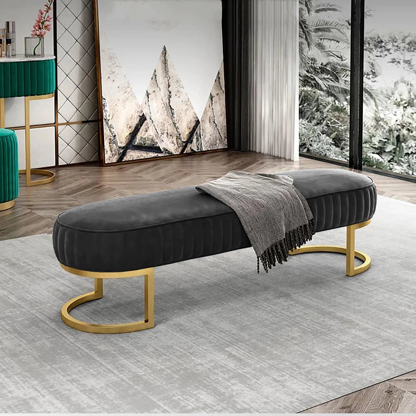 3 Seater Luxury Wooden Stool With Metal Stand